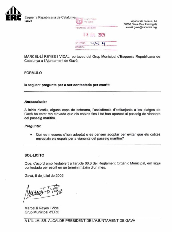 Pregunta d'ERC a l'Ajuntament de Gavà sobre els pilons del passeig marítim de Gavà Mar (8 de juliol de 2005)